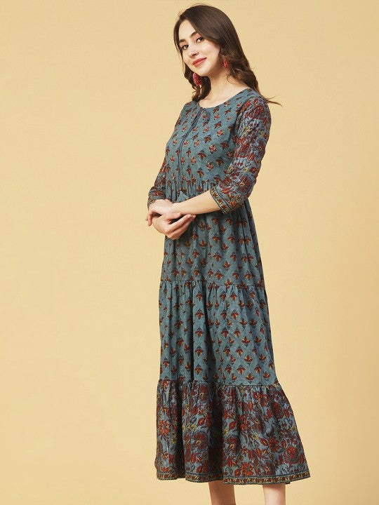 FASHOR Ethnic Motifs Printed Tie Up Neck Embroidered Fit & Flare Cotton Maxi Dress