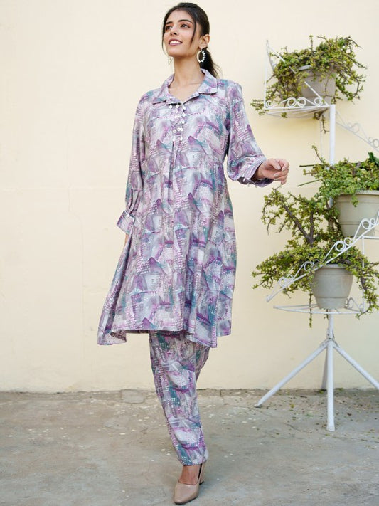 VAASVA JAIPUR Floral Printed Shirt Collar Muslin Tunic With Trouser