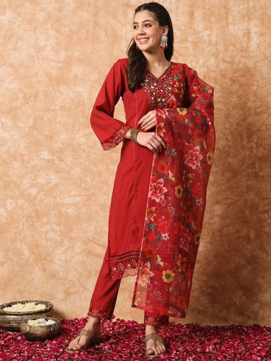 Neck Flared Sleeves Straight Kurta with Trouser & Dupatta