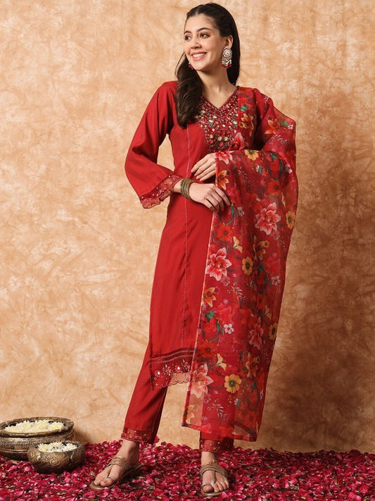 Neck Flared Sleeves Straight Kurta with Trouser & Dupatta