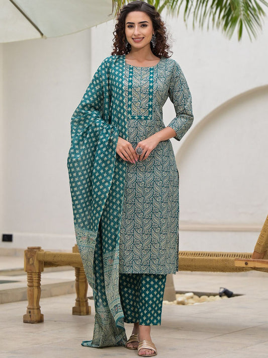 Yufta Ethnic Motifs Printed Pure Cotton Straight Kurta with Trouser & Dupatta