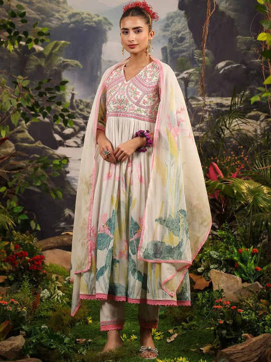 AARAAS Women Ethnic Motifs Embroidered Pure Cotton Kurta with Palazzos & Dupatta
