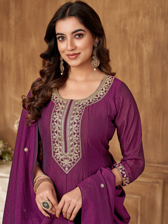 VEDANT VASTRAM Floral Embroidered Sequinned Silk Georgette Kurta With Trouser & Dupatta