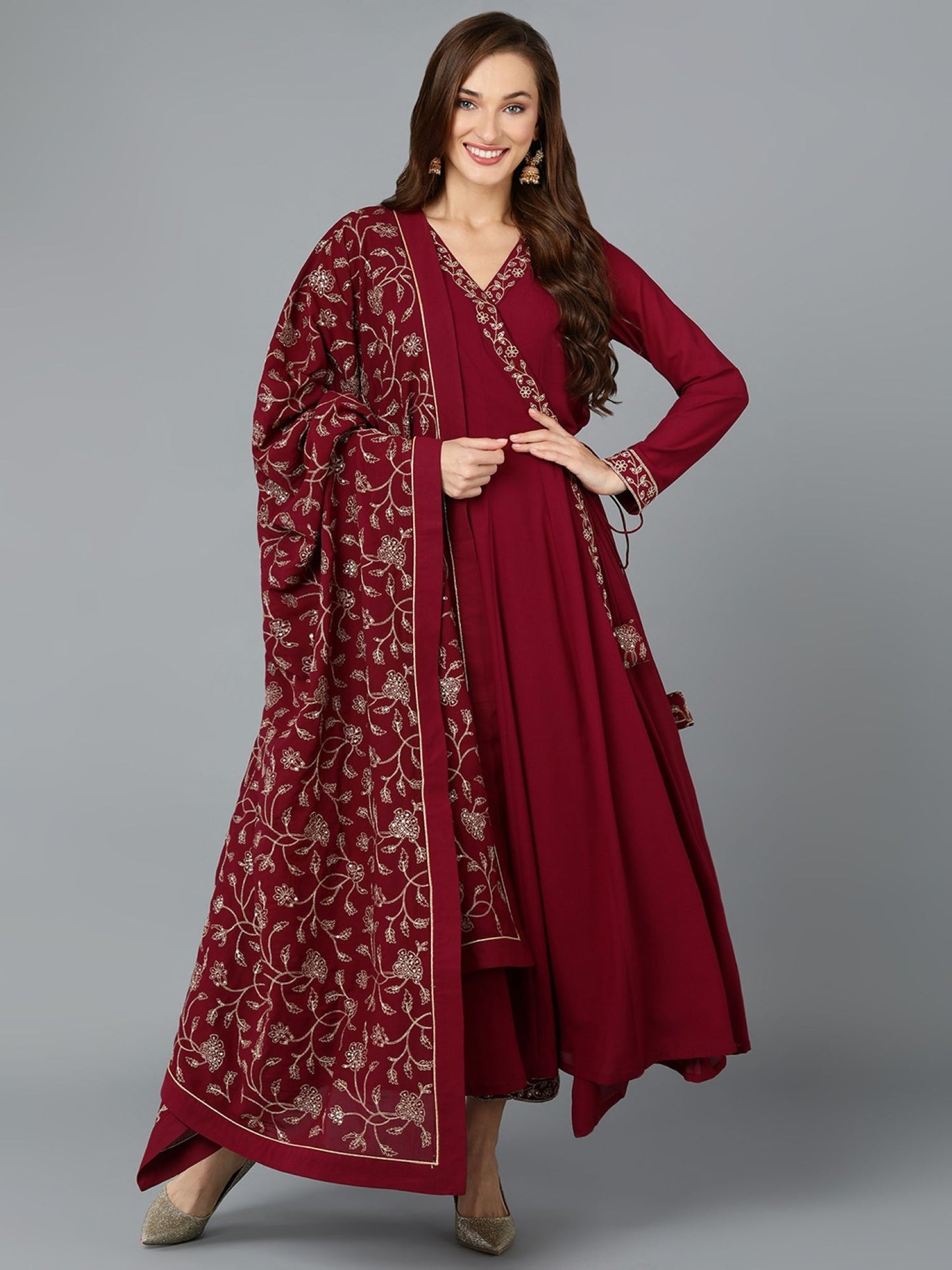 Women Maroon Georgette Angrakha Kurta Pants with Dupatta (Set of 3)
