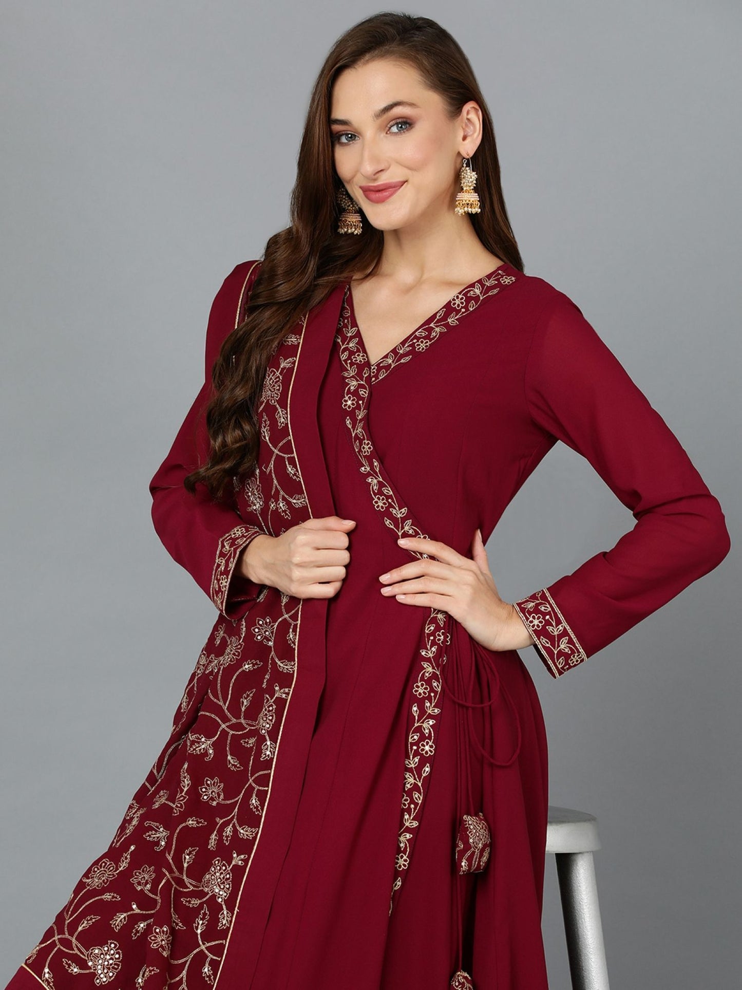 Women Maroon Georgette Angrakha Kurta Pants with Dupatta (Set of 3)