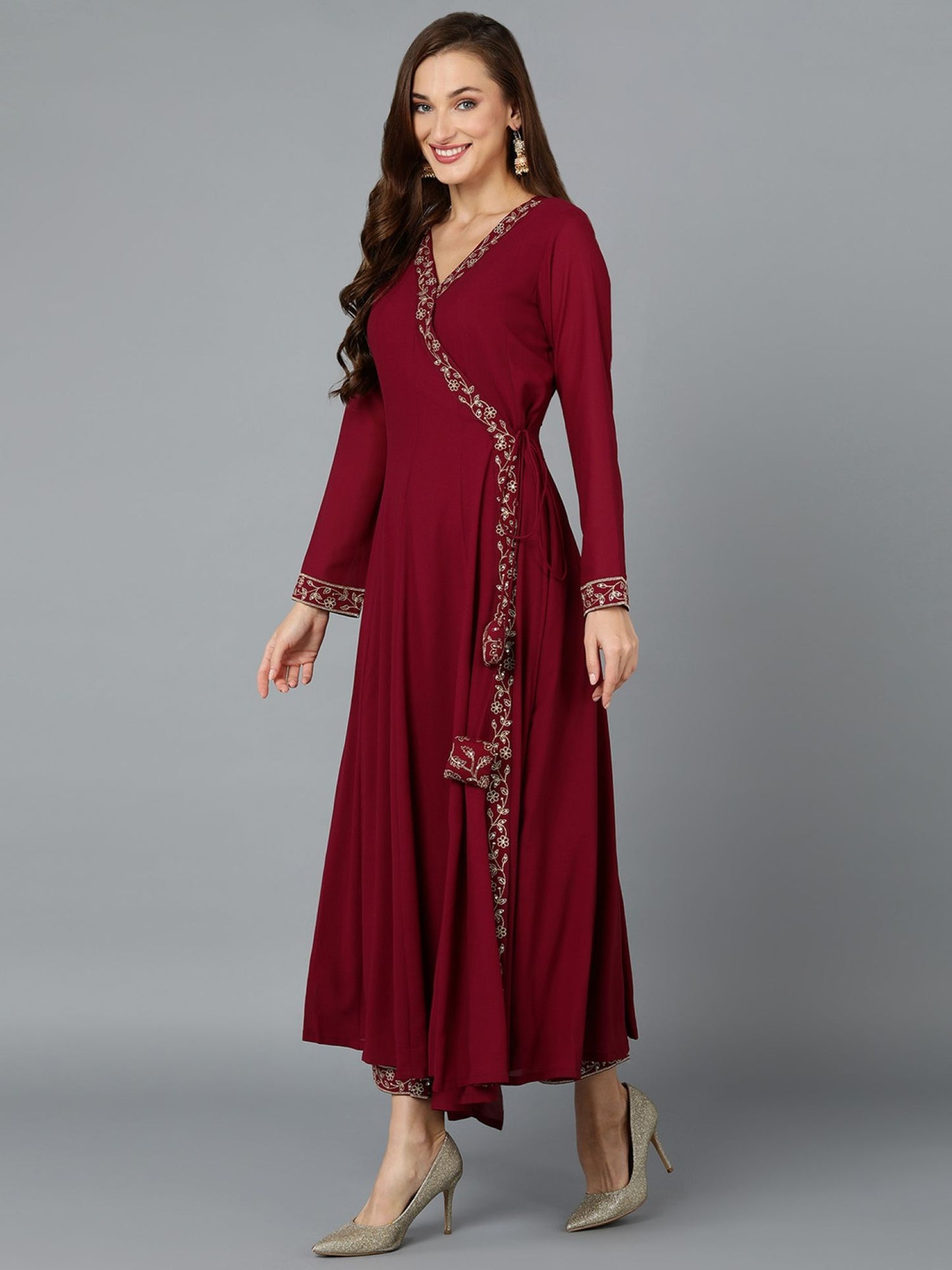 Women Maroon Georgette Angrakha Kurta Pants with Dupatta (Set of 3)