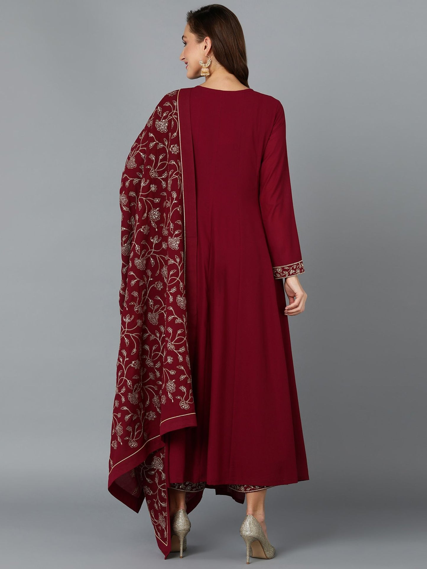 Women Maroon Georgette Angrakha Kurta Pants with Dupatta (Set of 3)