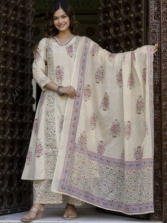 Anouk Floral Printed Panelled V-Neck Pure Cotton A-Line Kurta With Palazzos & Dupatta