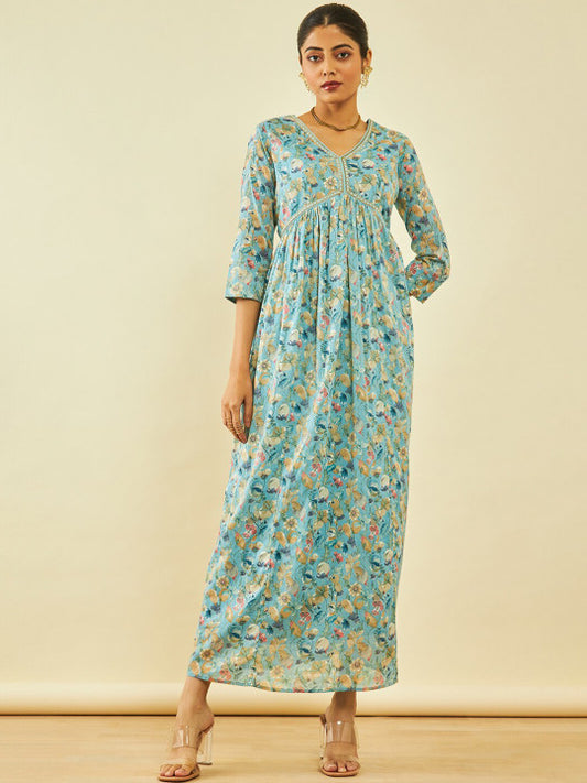 Floral Printed V-Neck Gathered Detailed Cotton Empire Midi Ethnic Dress