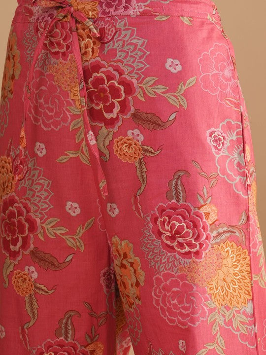 FASHOR Pink Shirt Collar Floral Printed Cotton Tunic With Trouser