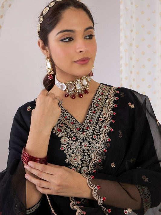Indo Era Floral Embroidered V-Neck Zari Straight Kurta With Trouser And Dupatta