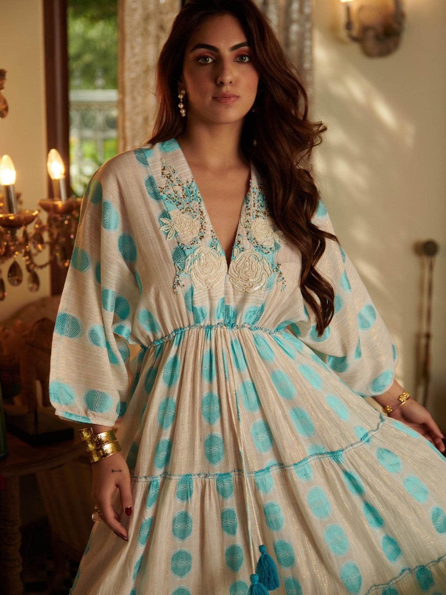 Jacqared Printed V Neck Long Tier Maxi Dress