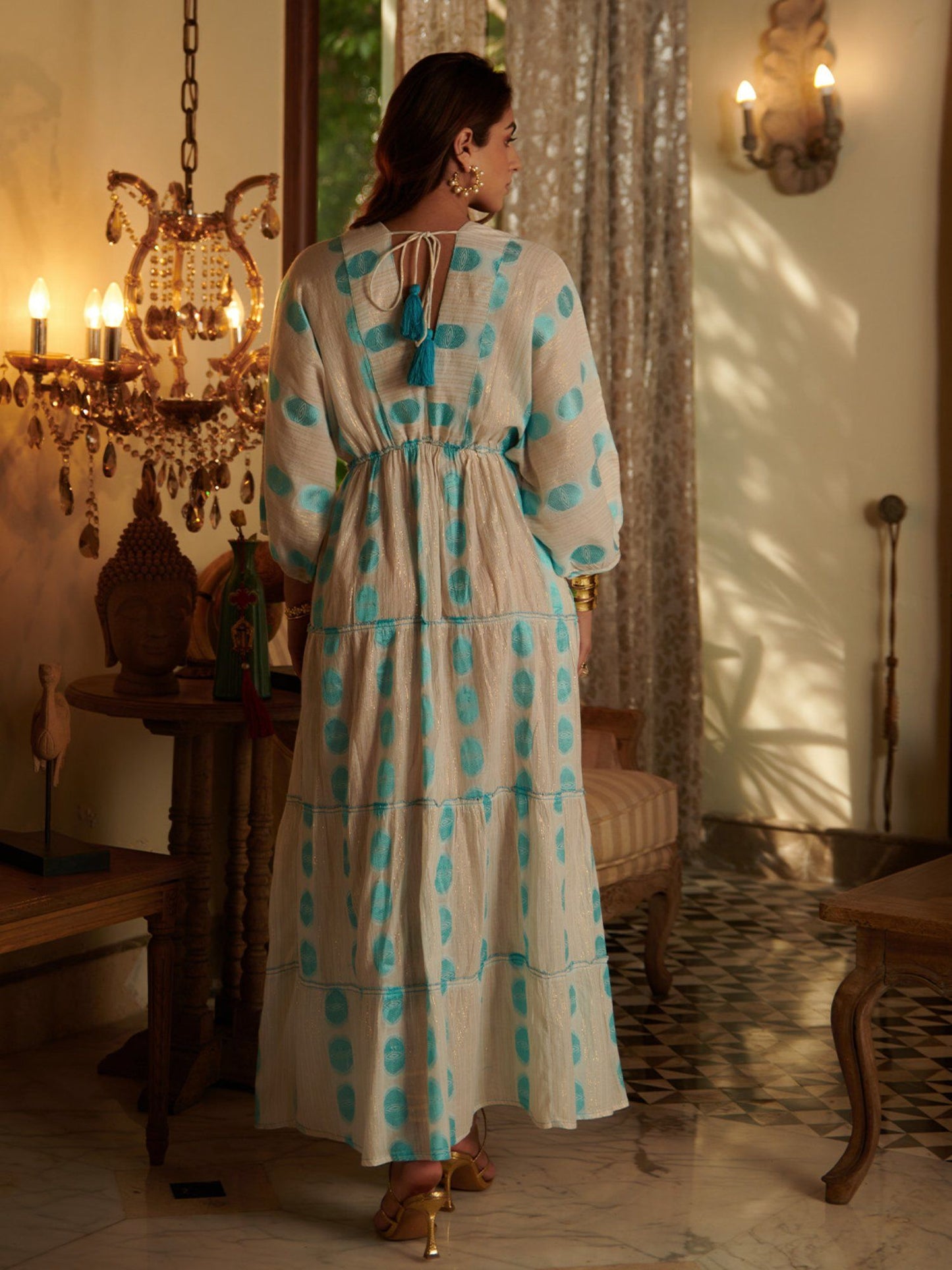 Jacqared Printed V Neck Long Tier Maxi Dress