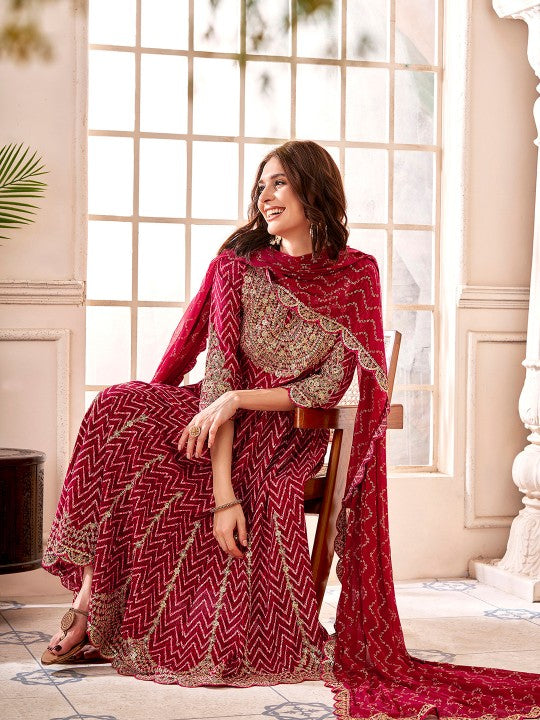 Anouk Maroon Chevron Embroidered Empire Thread Work  Anarkali Kurta & Trousers & Dupatta