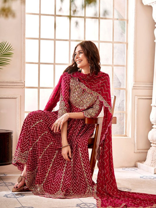 Anouk Maroon Chevron Embroidered Empire Thread Work  Anarkali Kurta & Trousers & Dupatta