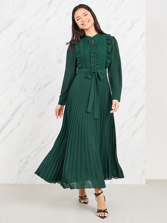 Women Green Ruffle Detail Pleated A-Line Maxi Dress with Self Tie Up