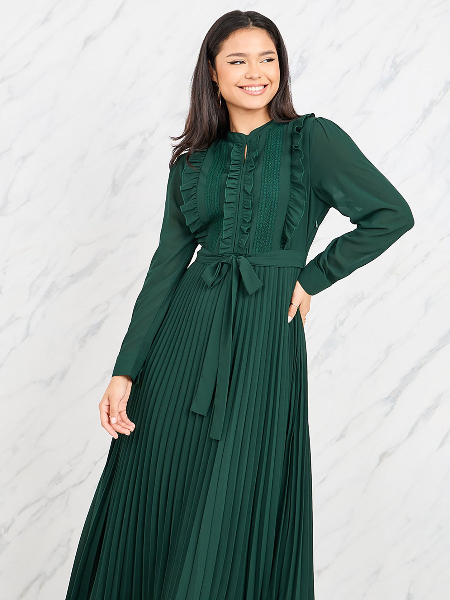 Women Green Ruffle Detail Pleated A-Line Maxi Dress with Self Tie Up