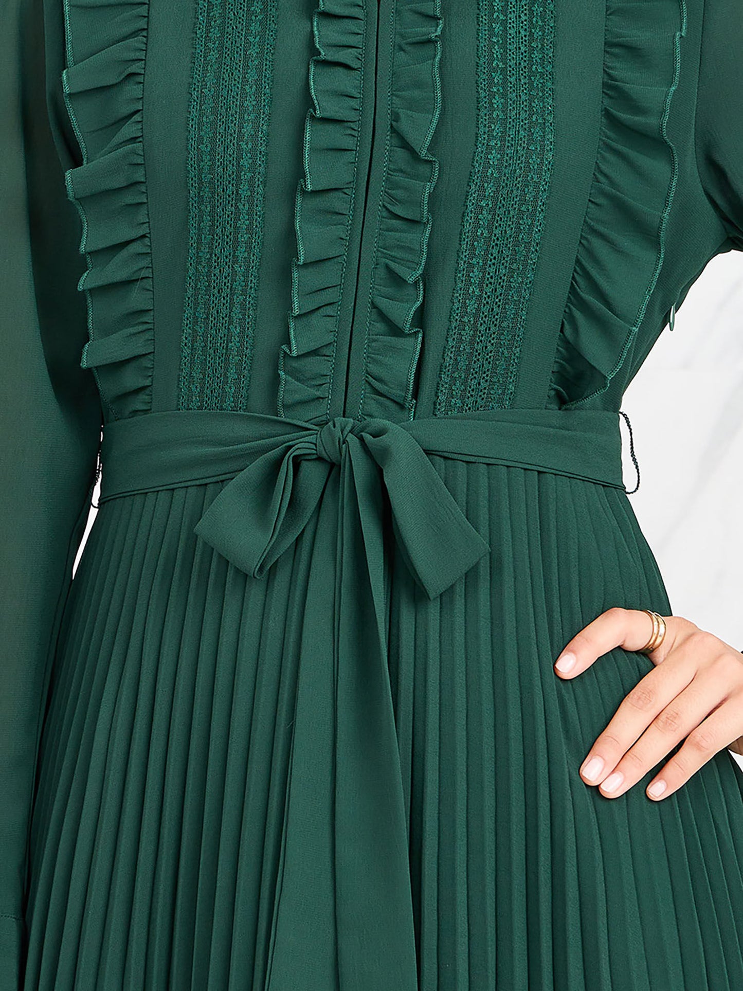 Women Green Ruffle Detail Pleated A-Line Maxi Dress with Self Tie Up