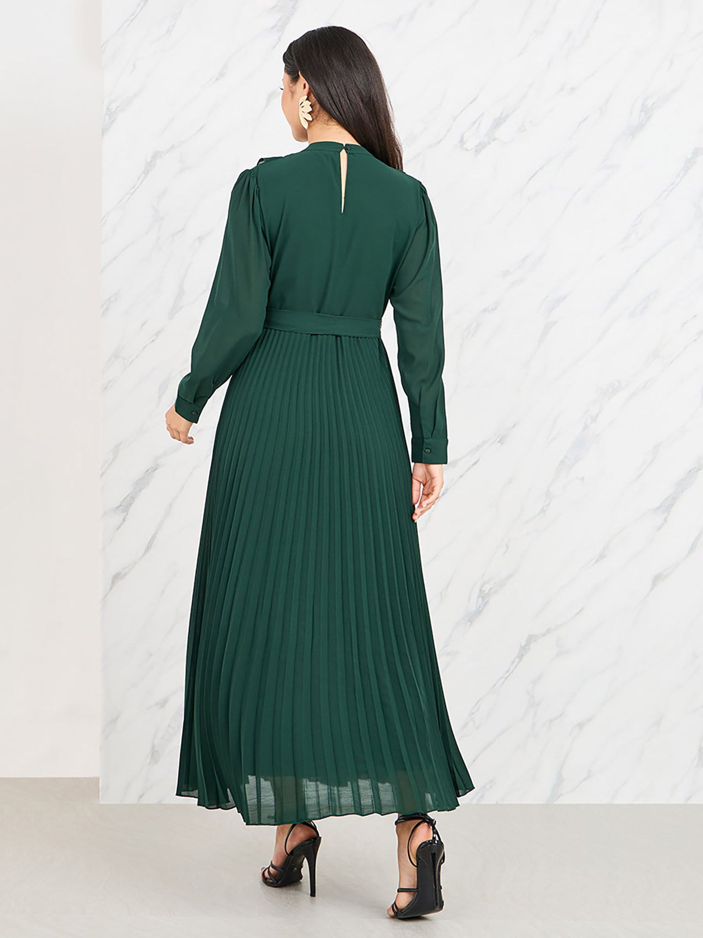 Women Green Ruffle Detail Pleated A-Line Maxi Dress with Self Tie Up
