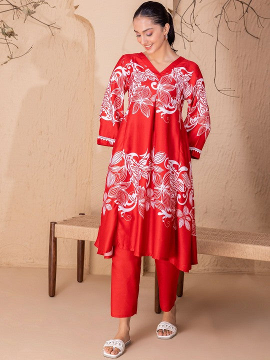 Floral Printed V-Neck Flared Sleeves Tunic With Trouser
