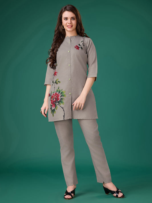Women Grey Linen Floral Print Causal Co-Ord (Set of 2)