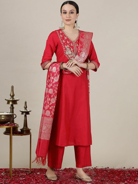 AURELIA Women Embroidered Regular Kurta with Palazzos & With Dupatta