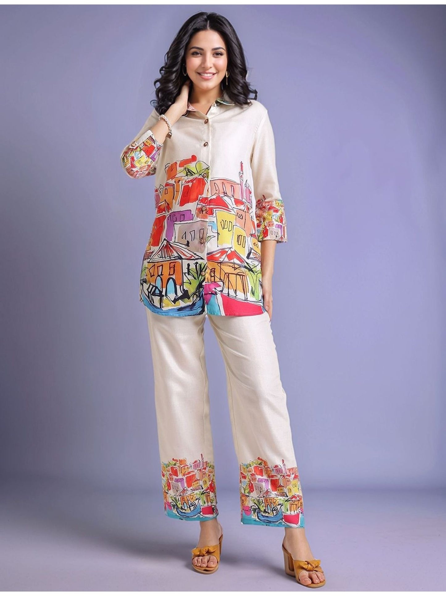 Cream Women's Abstract Printed Cotton Blend Shirt with Trousers (Set of 2)