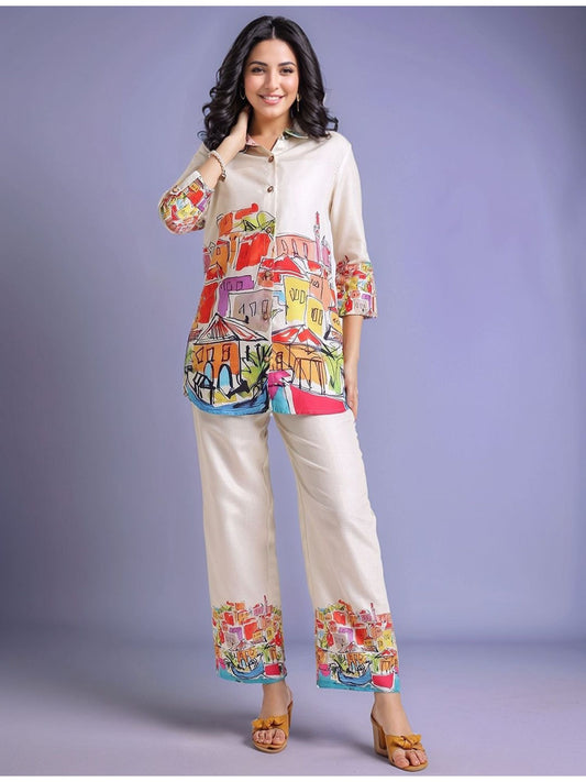 Cream Women's Abstract Printed Cotton Blend Shirt with Trousers (Set of 2)
