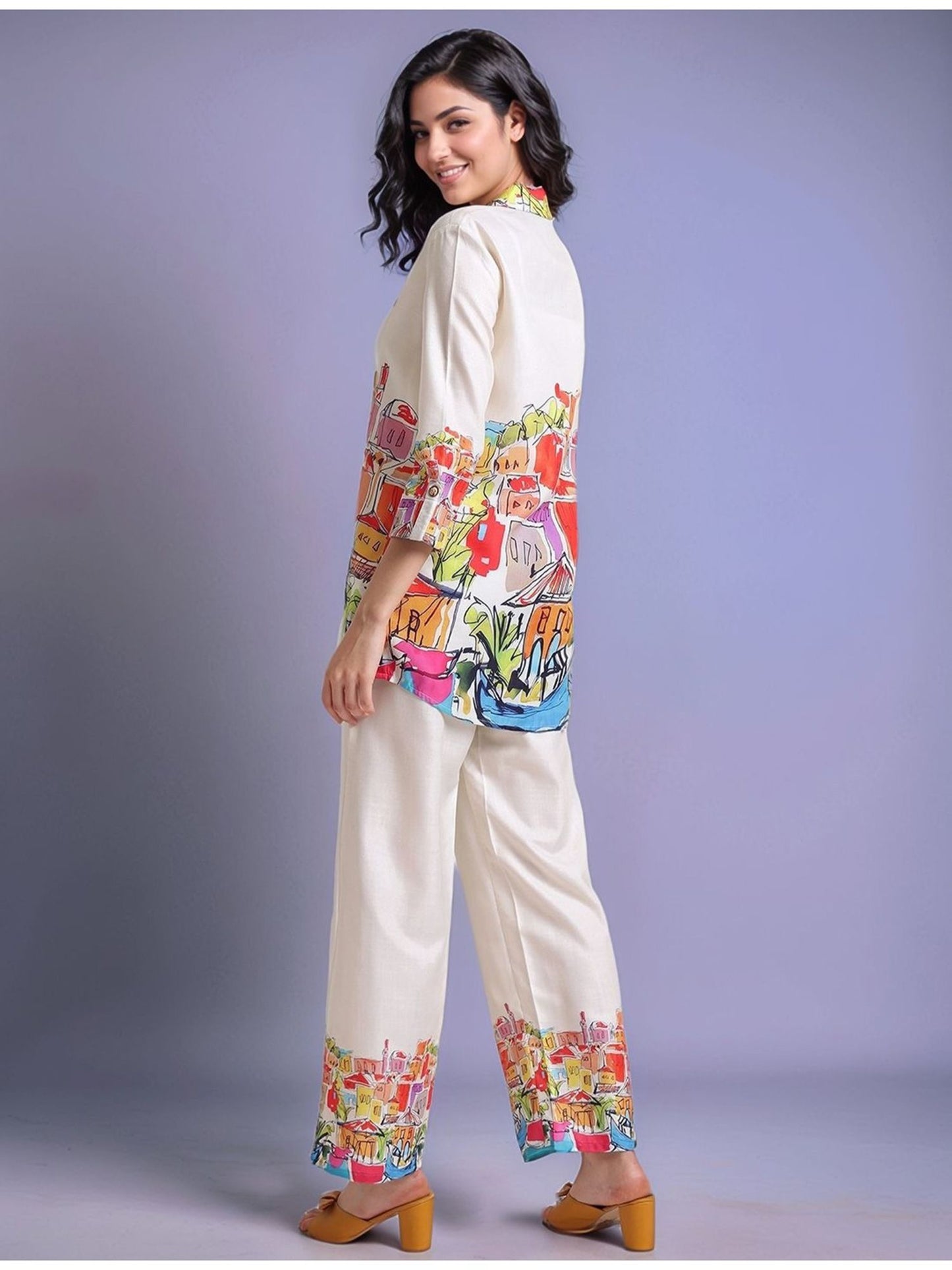 Cream Women's Abstract Printed Cotton Blend Shirt with Trousers (Set of 2)