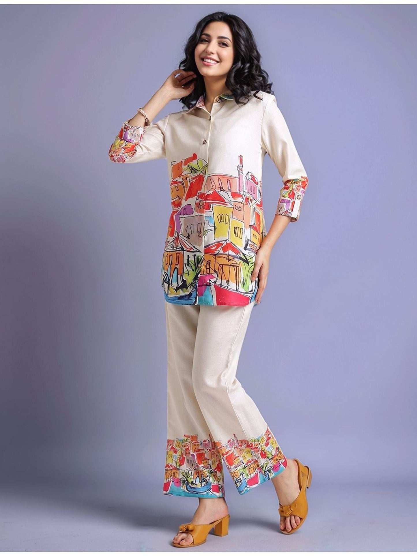 Cream Women's Abstract Printed Cotton Blend Shirt with Trousers (Set of 2)