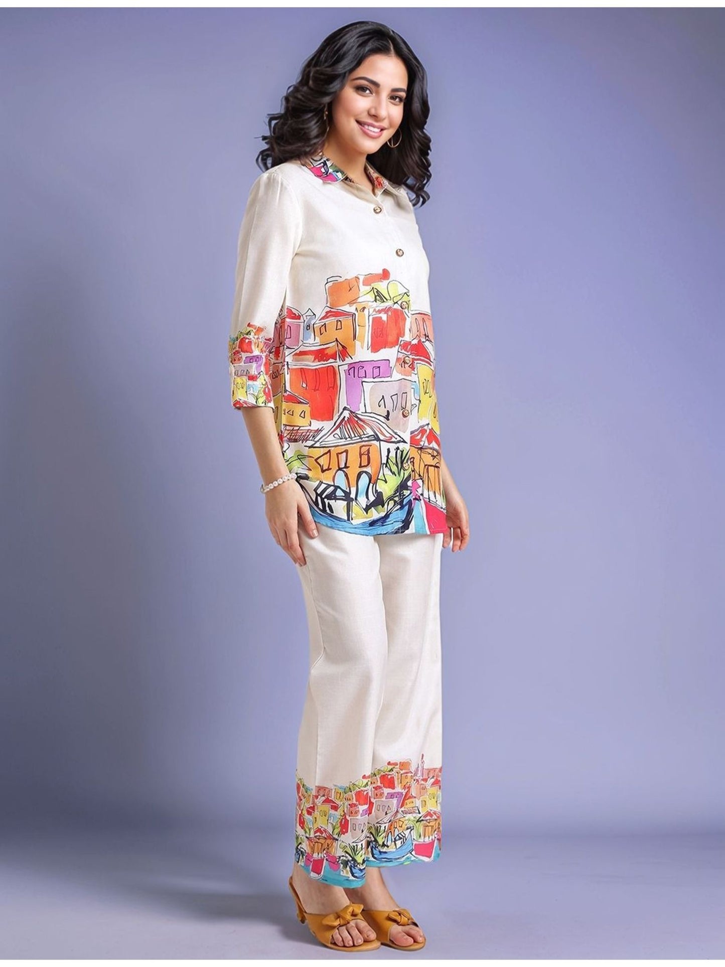 Cream Women's Abstract Printed Cotton Blend Shirt with Trousers (Set of 2)