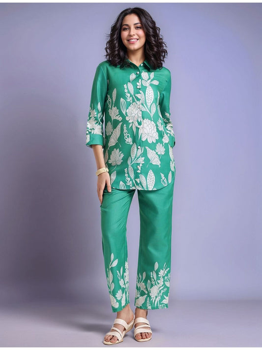 Green Women's Floral Printed Cotton Blend Shirt with Trousers (Set of 2)