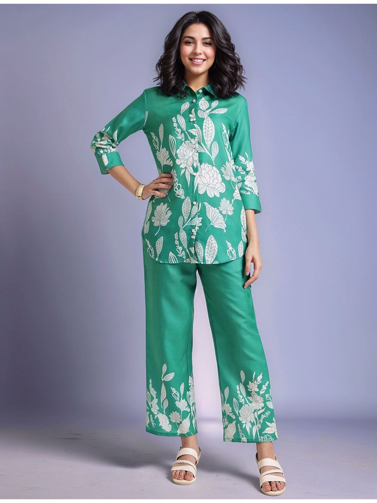 Green Women's Floral Printed Cotton Blend Shirt with Trousers (Set of 2)