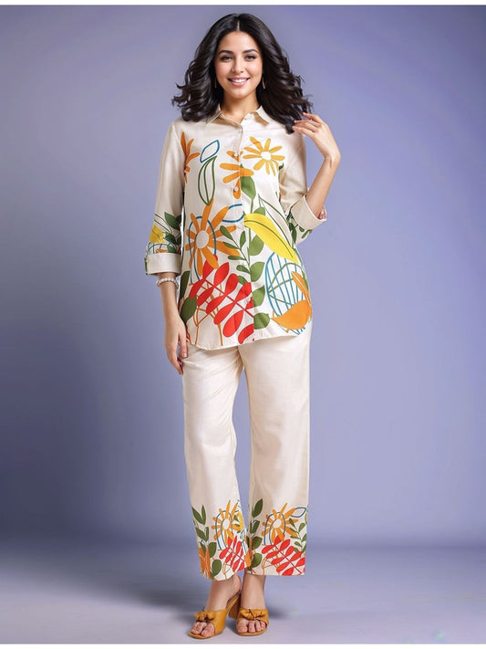 Cream Women's Floral Printed Cotton Blend Shirt with Trousers (Set of 2)