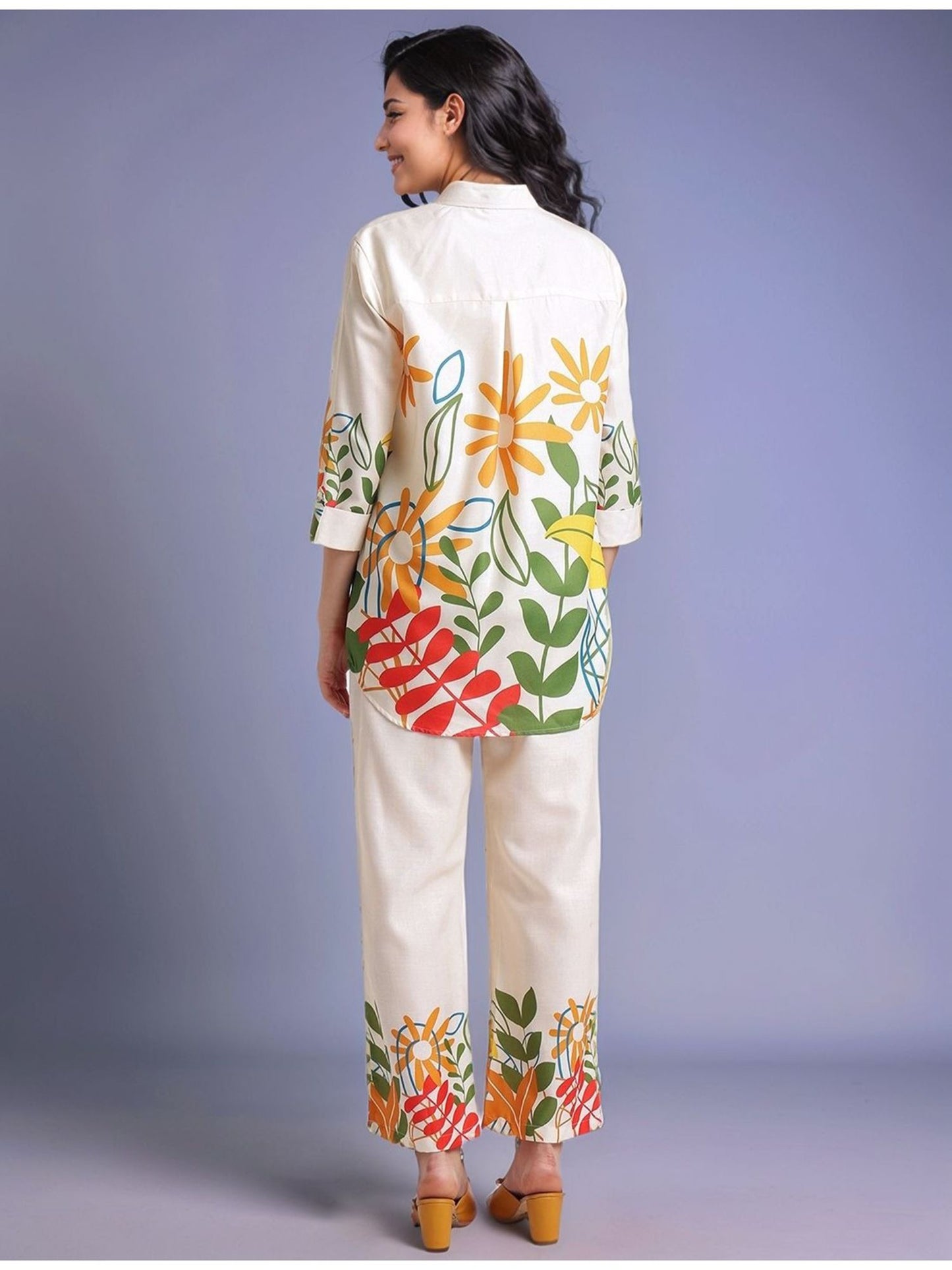 Cream Women's Floral Printed Cotton Blend Shirt with Trousers (Set of 2)