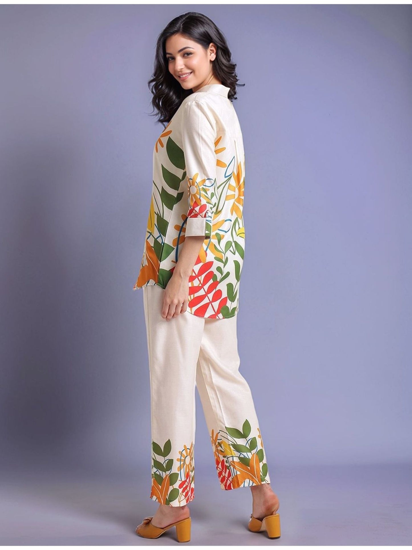 Cream Women's Floral Printed Cotton Blend Shirt with Trousers (Set of 2)