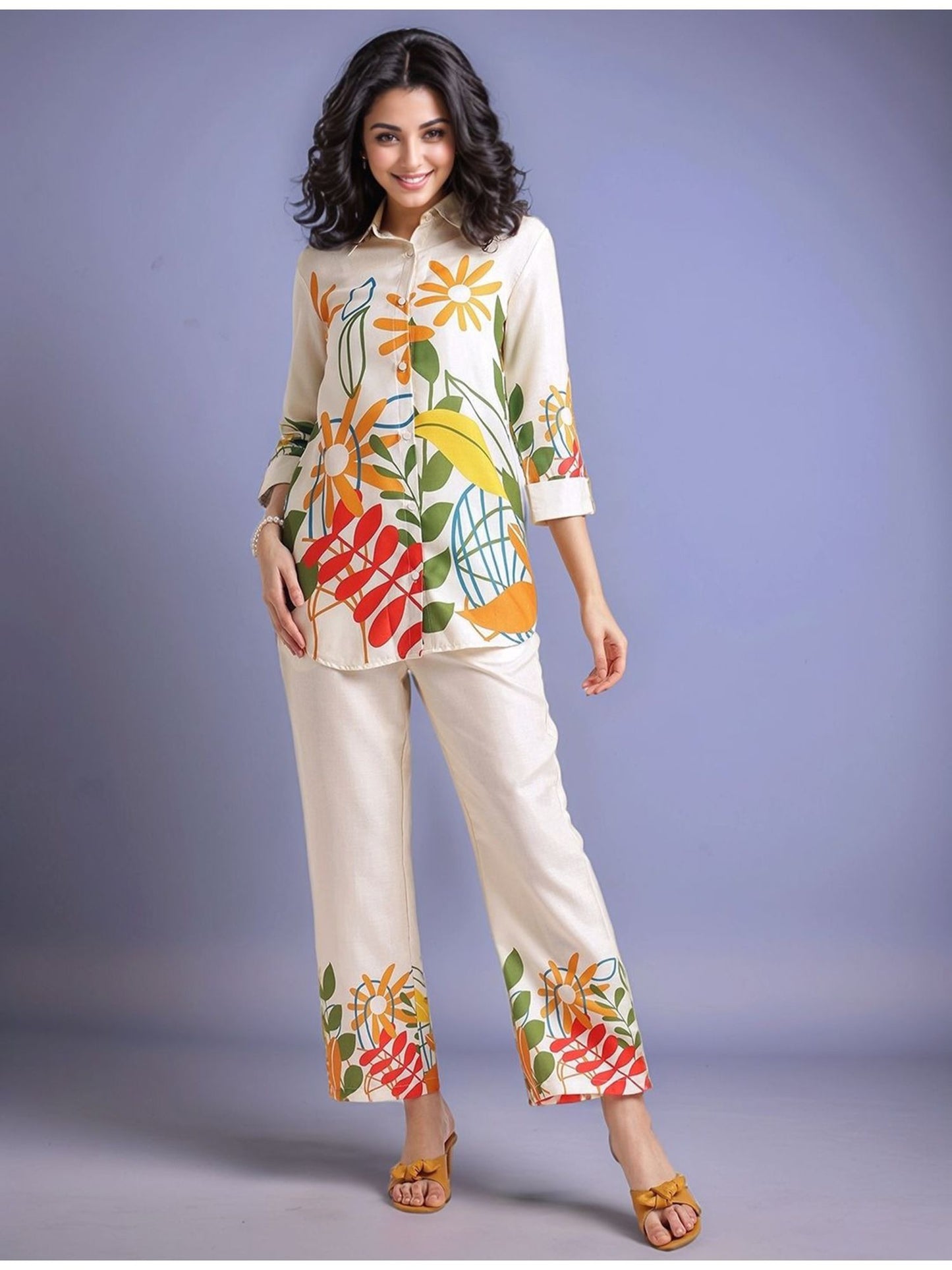 Cream Women's Floral Printed Cotton Blend Shirt with Trousers (Set of 2)
