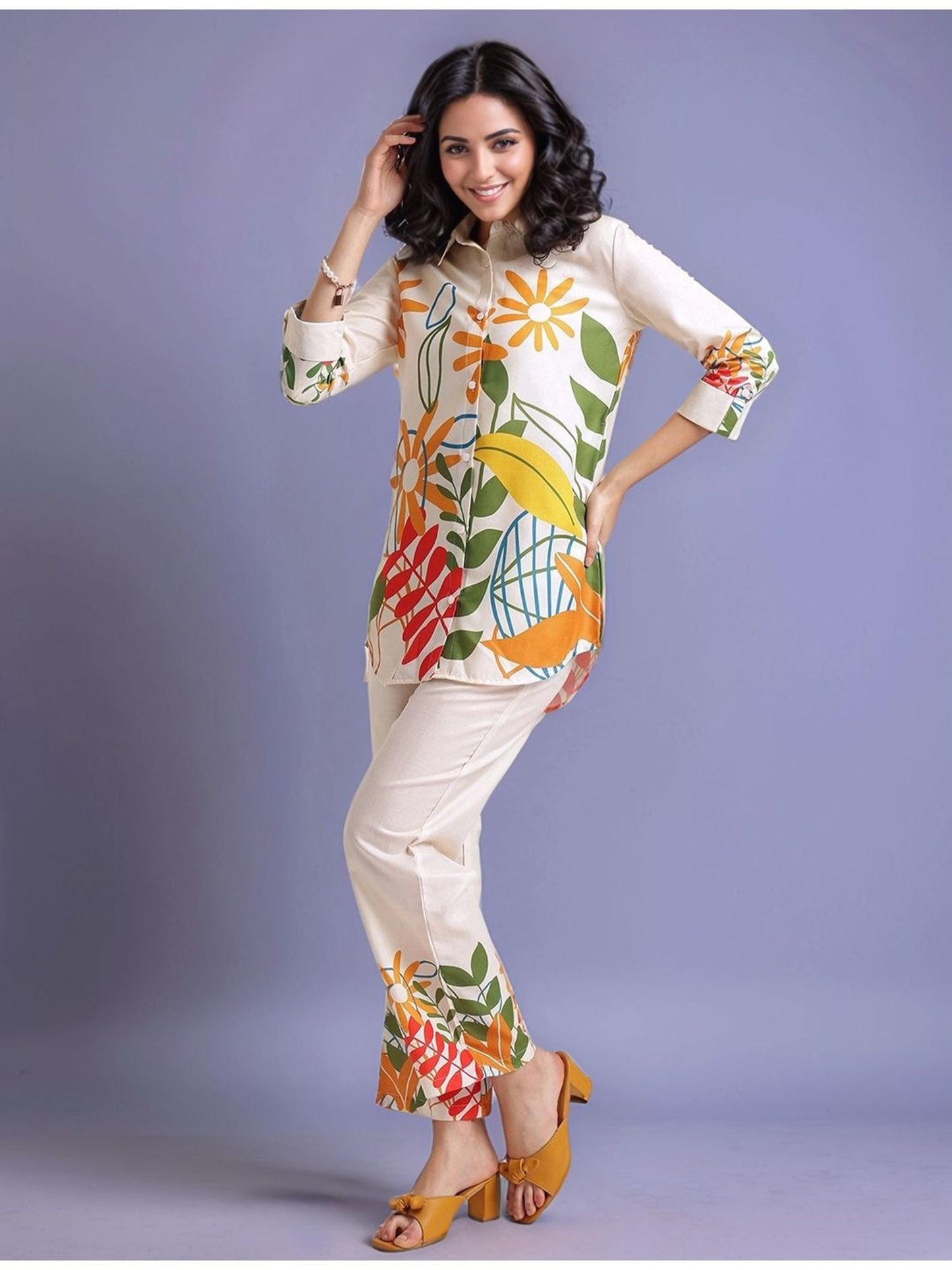 Cream Women's Floral Printed Cotton Blend Shirt with Trousers (Set of 2)