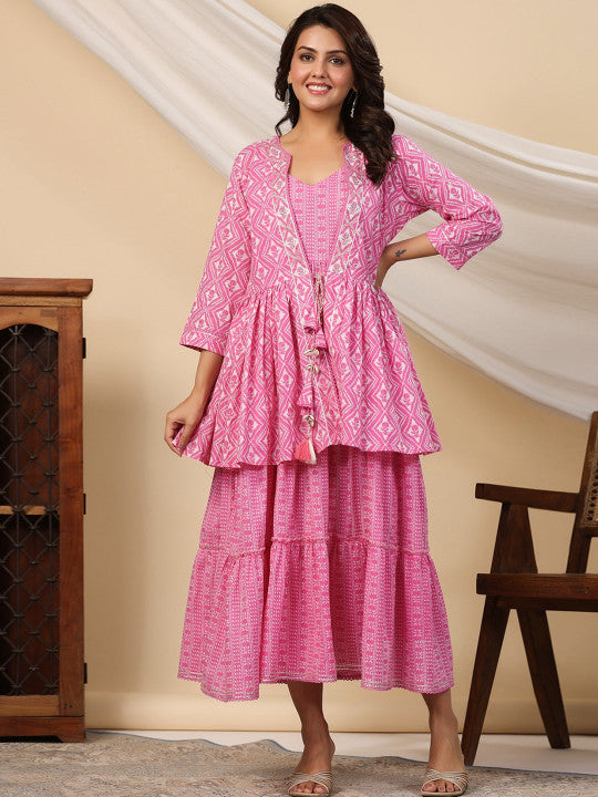 EtnicaWear Ethnic Motifs Printed Tiered Fit & Flare Pure Cotton Ethnic Dress with Jacket