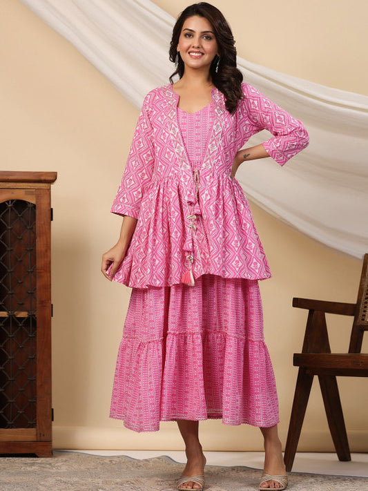 EtnicaWear Ethnic Motifs Printed Tiered Fit & Flare Pure Cotton Ethnic Dress with Jacket