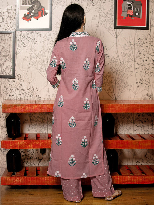 GoSriKi Floral Printed V-Neck Straight Kurta With Palazzos And Dupatta