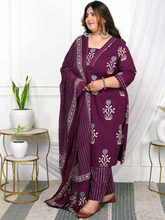 Floral Printed Pure Cotton Straight Kurta With Trouser And Dupatta