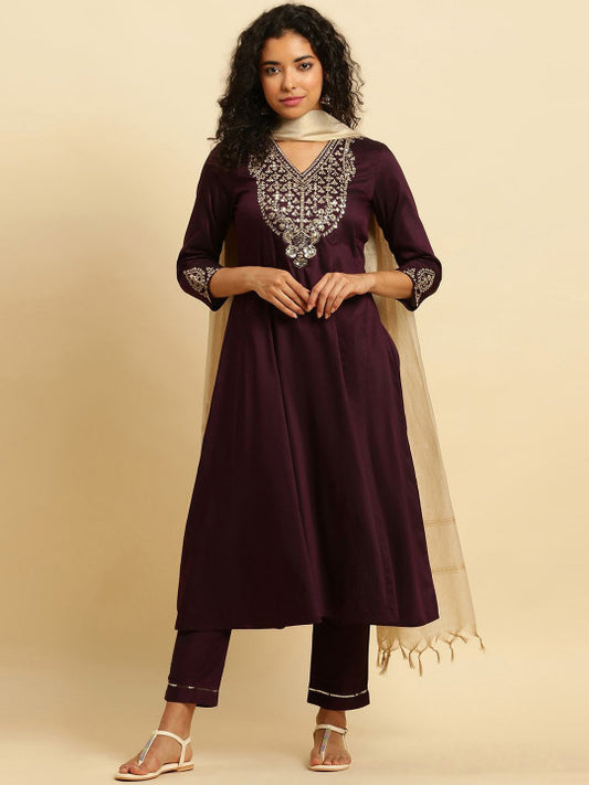 W Floral Embroidered Sequinned Anarkali Kurta & Trousers With Dupatta