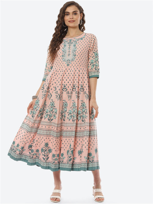 Biba Peach-Coloured Ethnic Motifs Ethnic Midi Dress