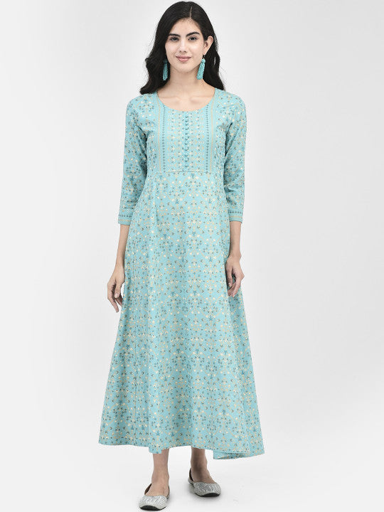 Span Floral Printed Cotton A-Line Midi Ethnic Dress