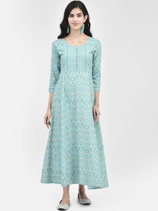 Span Floral Printed Cotton A-Line Midi Ethnic Dress