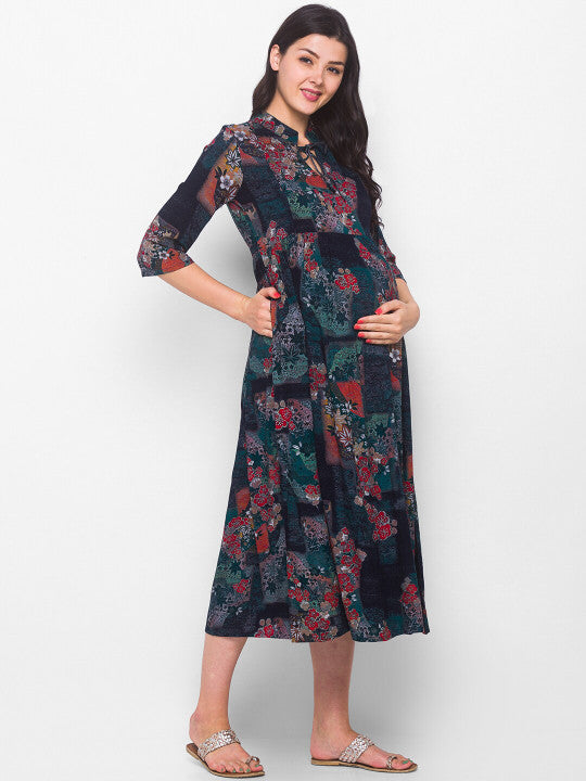 AV2 Green Floral Tie-Up Neck Maternity Empire Midi Dress