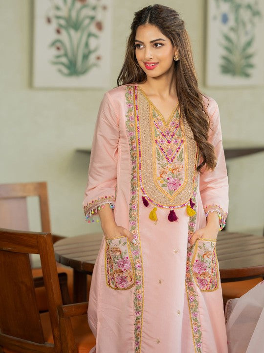Indo Era Floral Embroidered V-Neck Sequinned A-Line Kurta