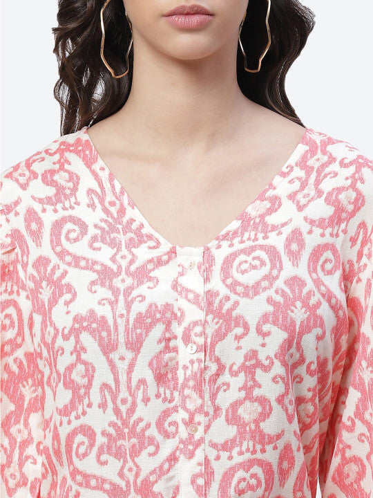 Biba White & Pink Ethnic Motifs Printed A-Line Maxi Dress