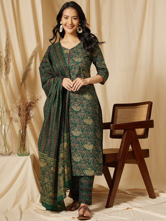 Ginni Arora Label Floral Printed V-Neck Pure Cotton Kurta with Trousers & Dupatta